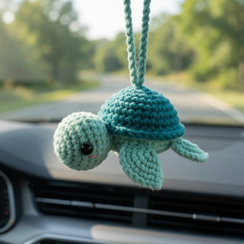 Cute Crochet Sea Turtle Car Charm | Handmade Amigurumi Rearview Mirror Accessory