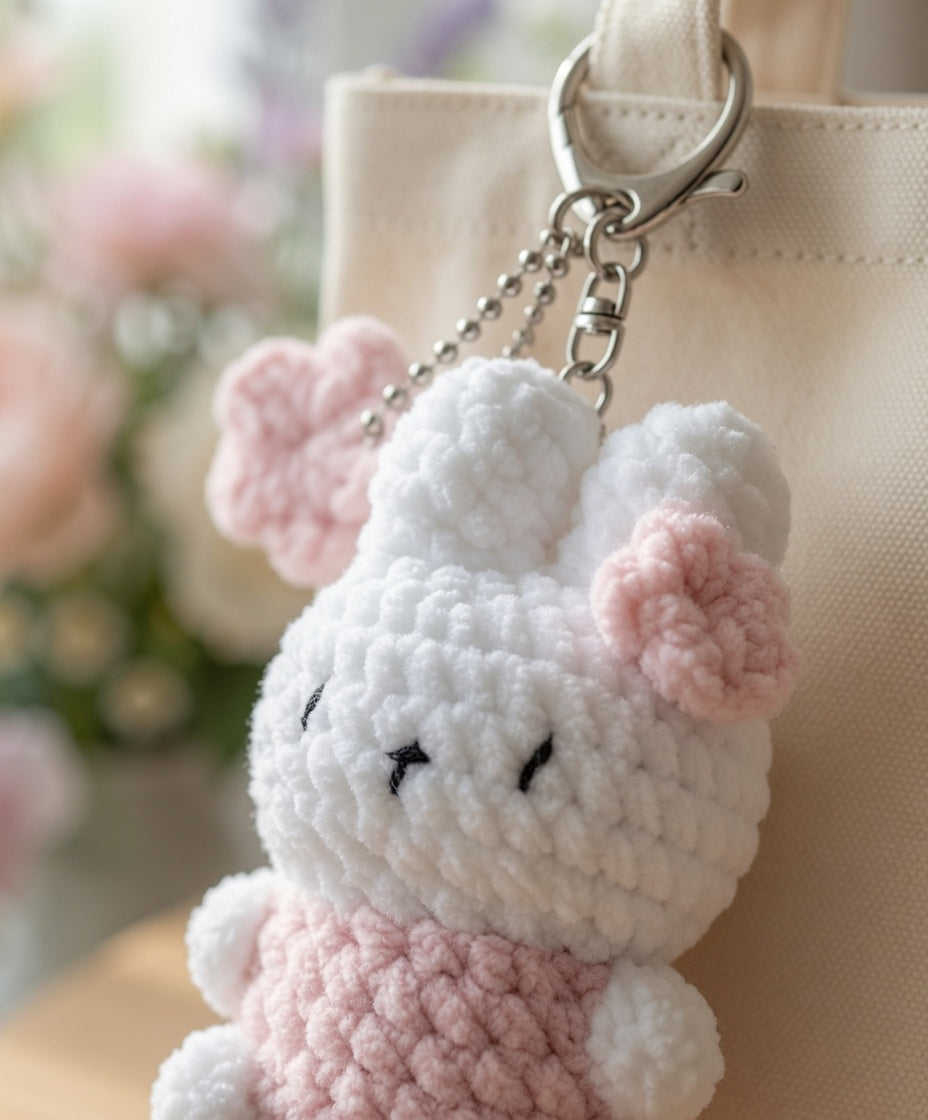 Fluffy Crochet Bunny Bag Charm | Kawaii Plush Rabbit Keychain with Flower
