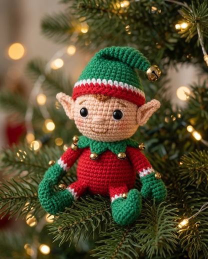 Handmade Crochet Christmas Elf Mug Rug | Festive Amigurumi Drink Coaster