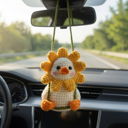 Cute Crochet Sunflower Duck Car Charm | Handmade Amigurumi Rearview Mirror Accessory