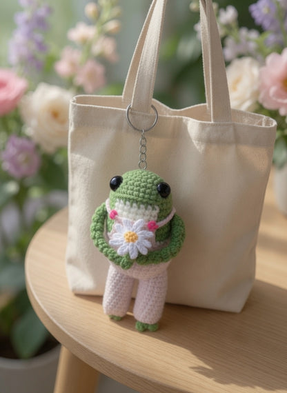 Cute Crochet Frog Holding Daisy Keychain | Pastel Amigurumi Bag Charm