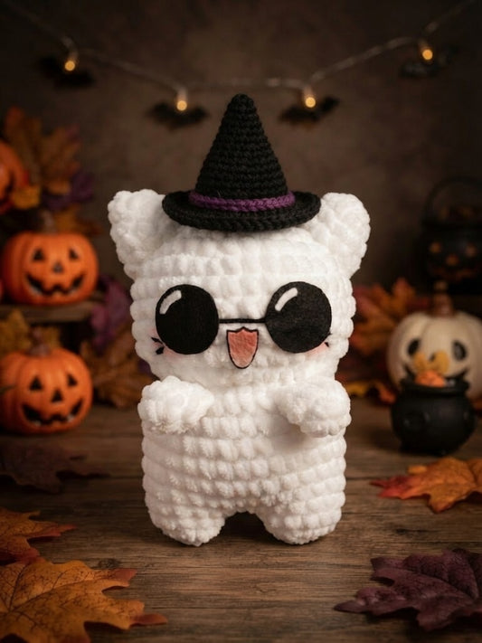 Fluffy Crochet Witch Cat Plushie | Velvet Amigurumi Halloween Kitty Stuffed Toy