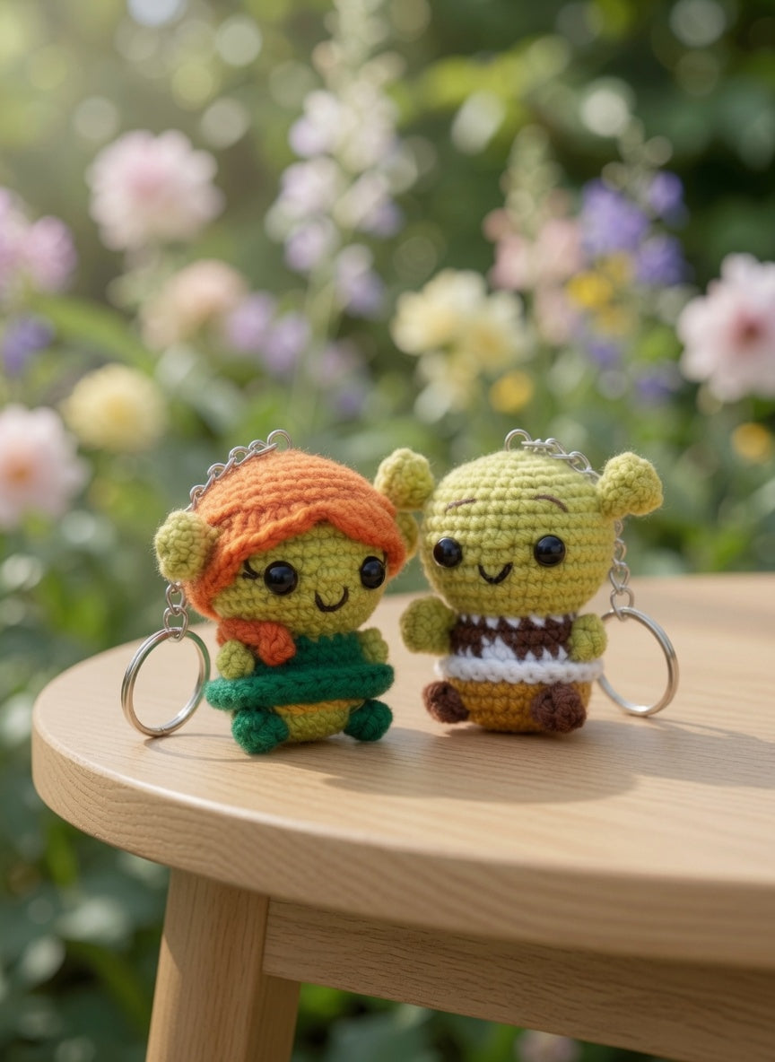 Cute Green Swamp Ogre Couple Keychains | Handmade Fairytale Amigurumi Charms