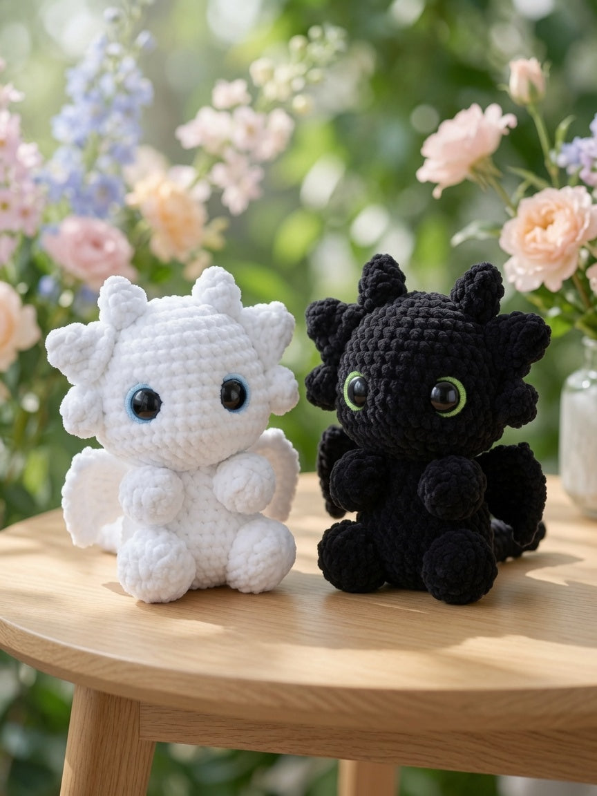 Fluffy Night & Light Dragon Plush Set | Velvet Amigurumi Couple Dragons