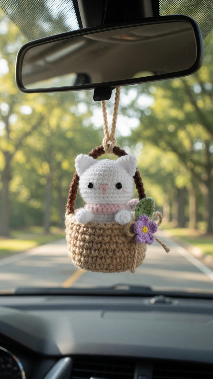 Cute Crochet Cat in Basket Car Charm | Handmade Amigurumi Rearview Mirror Accessory