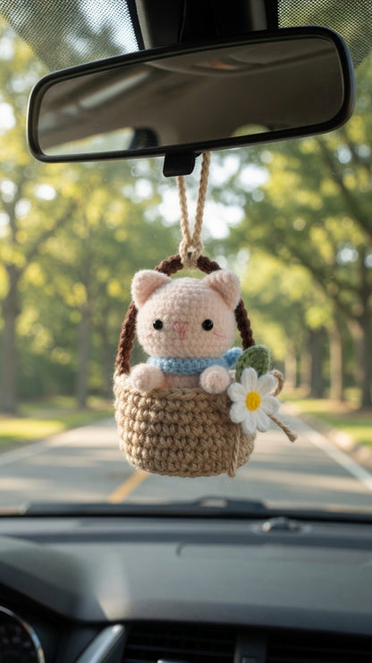 Cute Crochet Cat in Basket Car Charm | Handmade Amigurumi Rearview Mirror Accessory