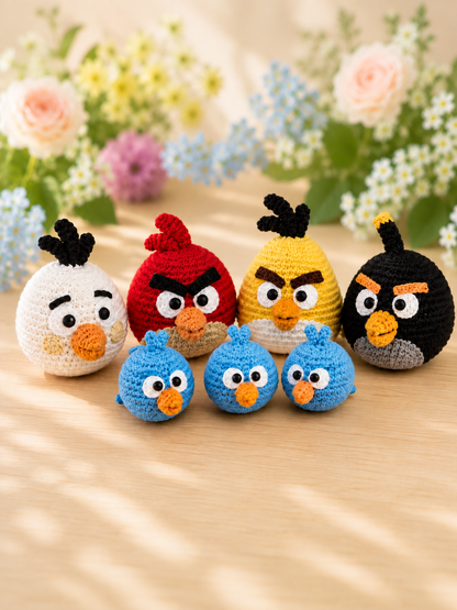 Handmade Crochet Angry Birds Plush Collection | Amigurumi Toy & Bag Charms Set