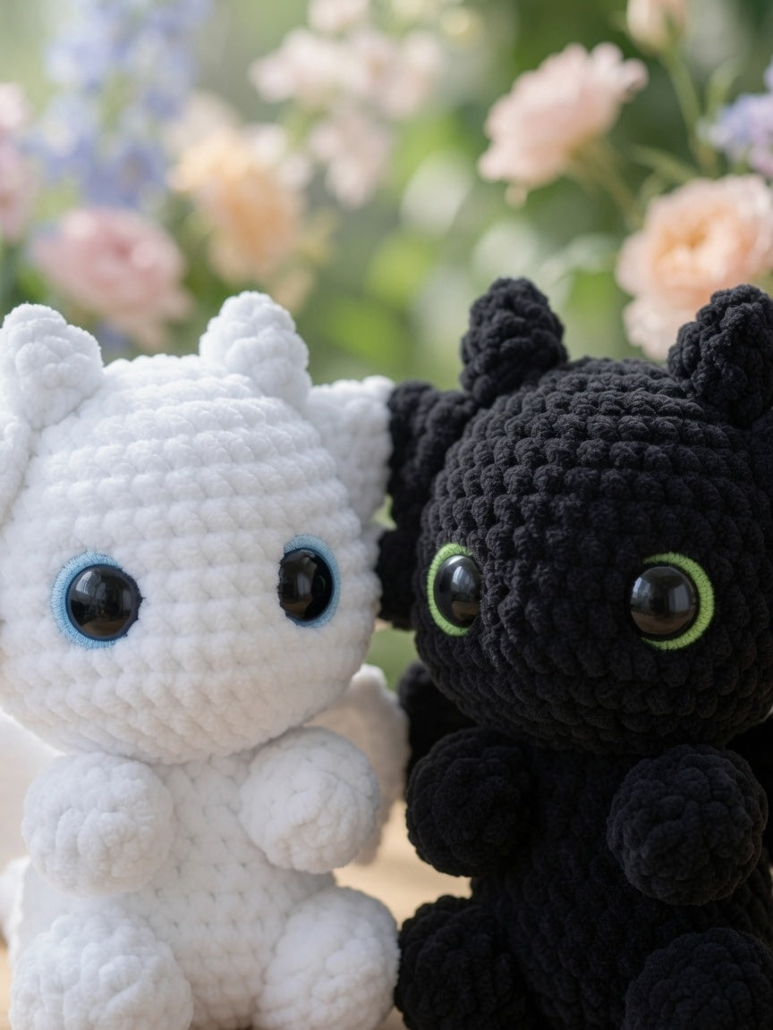 Fluffy Night & Light Dragon Plush Set | Velvet Amigurumi Couple Dragons