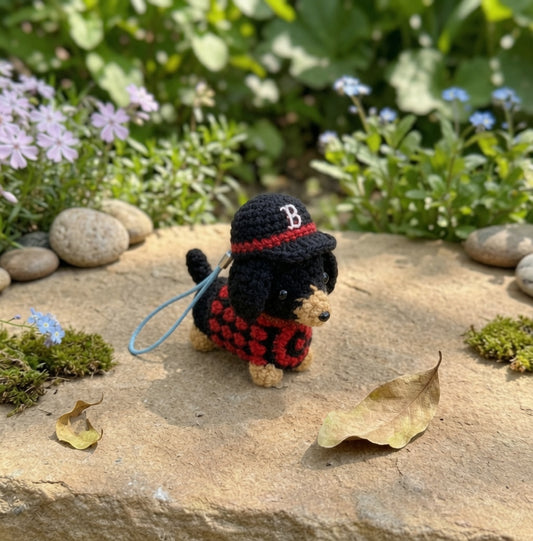 Crochet Dachshund Dog Keychain — Handmade Puppy Bag Charm with Hat & Sweater