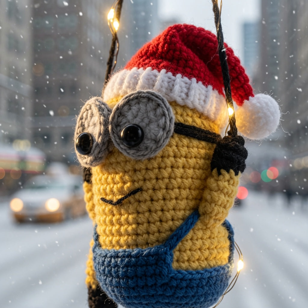 Handmade Crochet Christmas Car Charm - Cute Yellow Guy with Santa Hat, Rear View Mirror Ornament, Holiday Car Accessory (Bản sao)