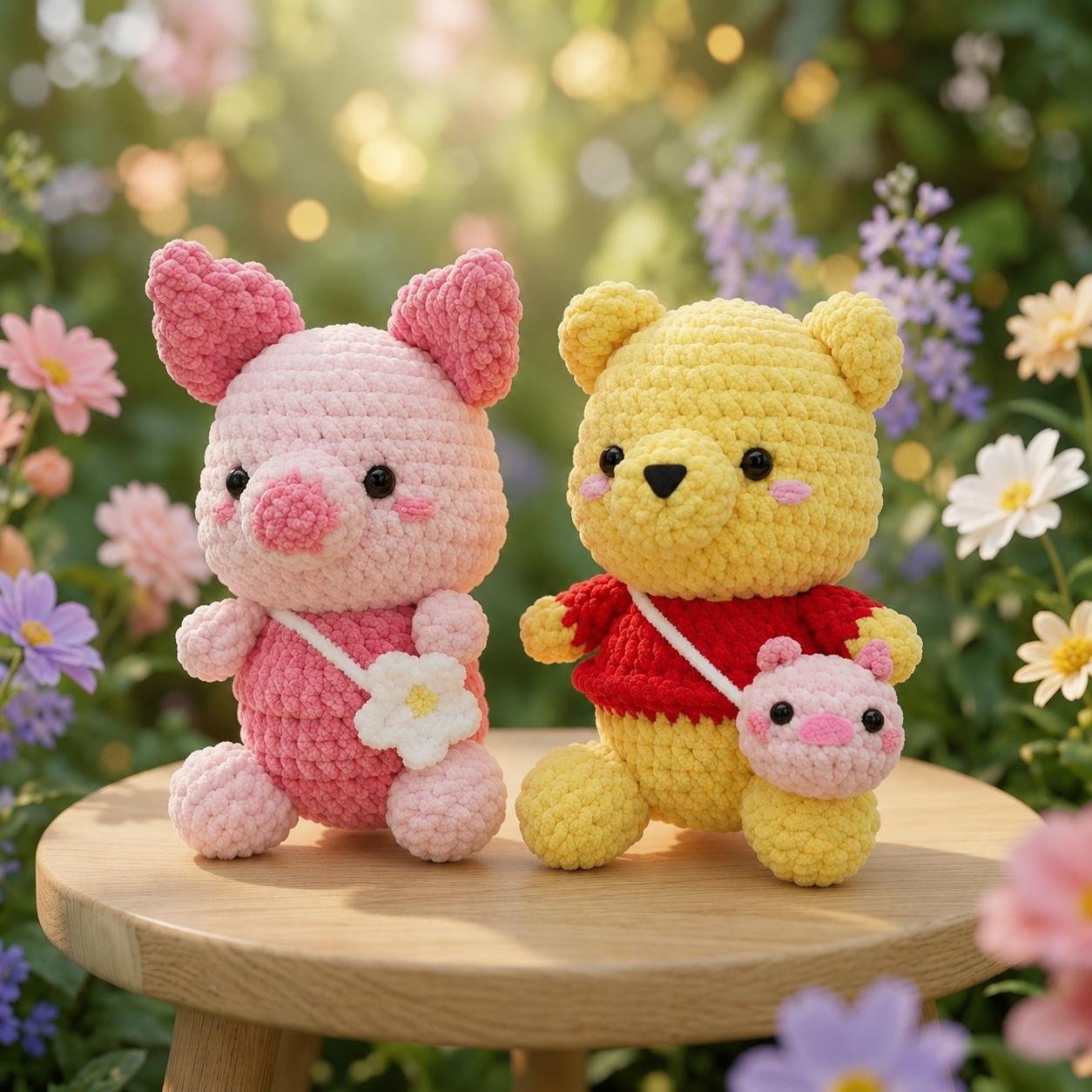Fluffy Honey Bear and Pink Piglet Crochet Plush Set | Velvet Amigurumi Bestie Toys