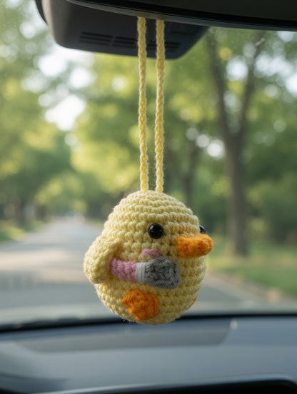 Funny Crochet Duck with Knife Car Charm | Handmade Amigurumi Rearview Mirror Accessory
