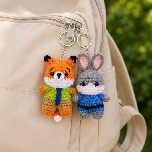 Cute Crochet Fox and Bunny Keychain Set | Handmade Amigurumi Detective Duo Bag Charm