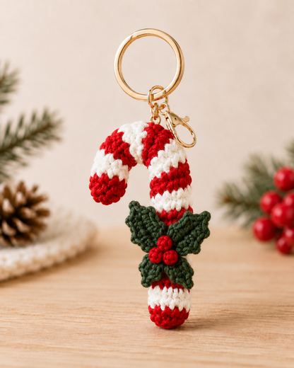 Festive Crochet Candy Cane Keychain | Handmade Amigurumi Christmas Bag Charm & Keyring