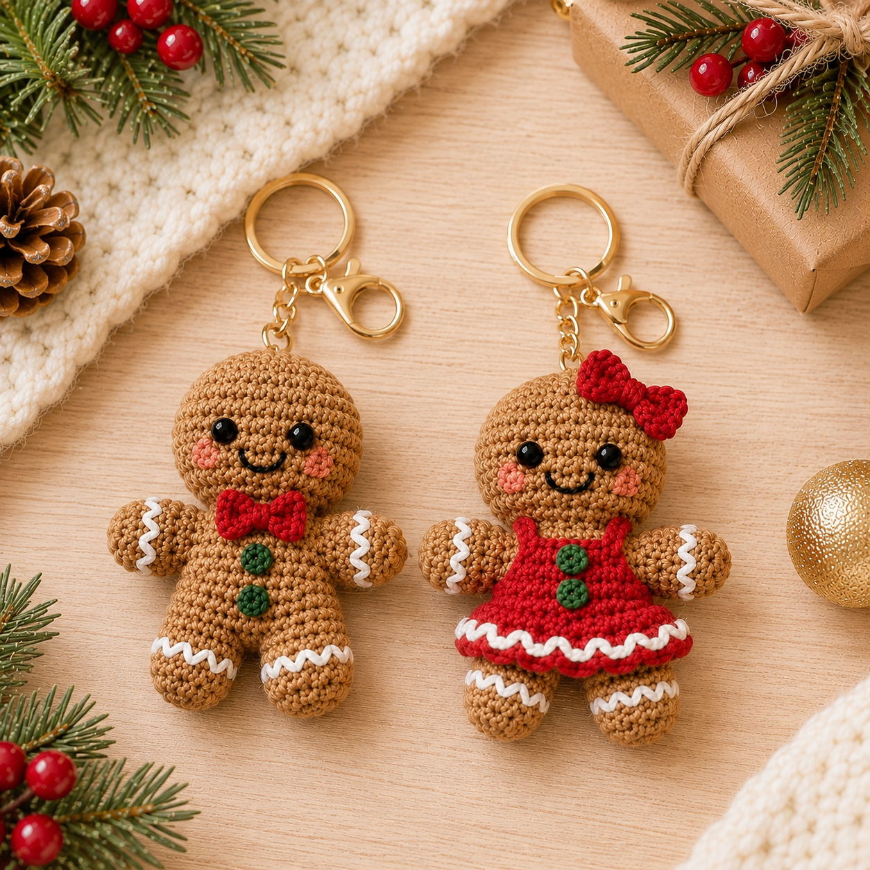 Festive Crochet Christmas Gingerbread Couple Keychains | Handmade Amigurumi Holiday Bag Charms