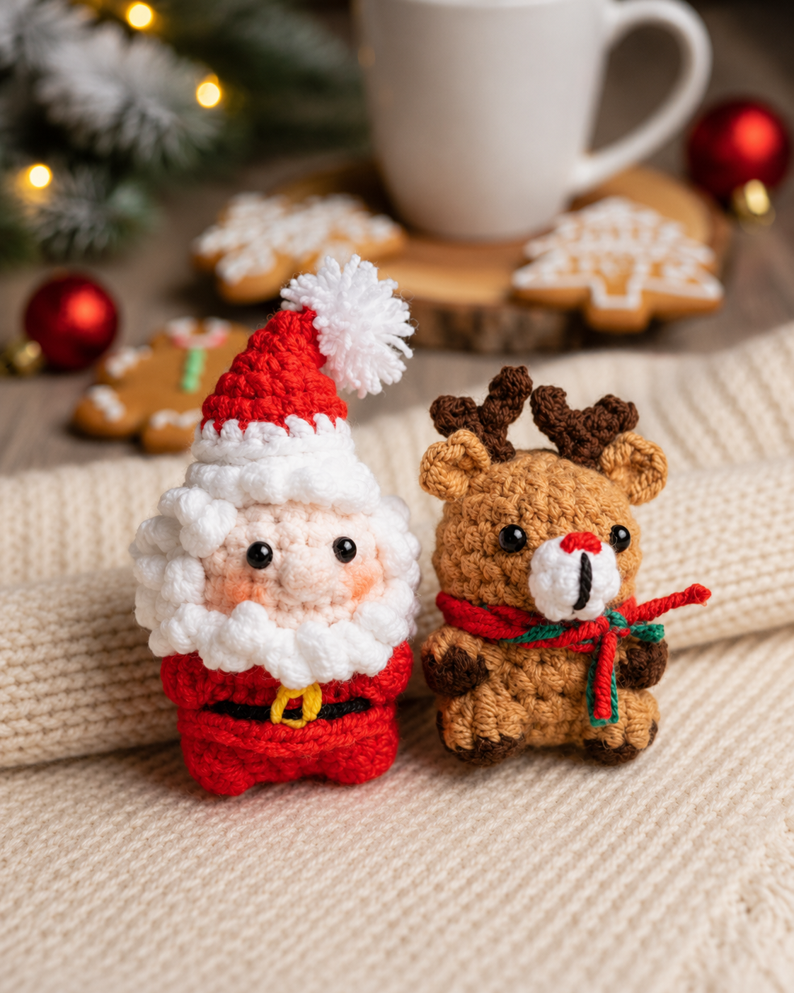 Handmade Crochet Santa and Reindeer Holiday Set | Amigurumi Christmas Plushie Duo