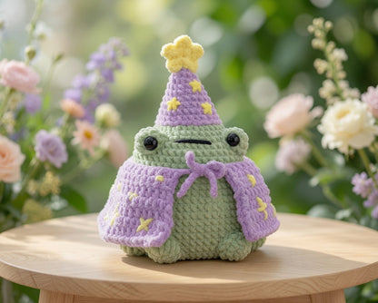 Kawaii Wizard Frog Crochet Plushie | Velvet Amigurumi Magic Toad
