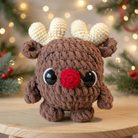 Fluffy Red-Nose Reindeer Crochet Plushie | Velvet Amigurumi Christmas Toy