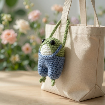 Cute Crochet Frog in Overalls Bag Charm | Handmade Amigurumi Keychain