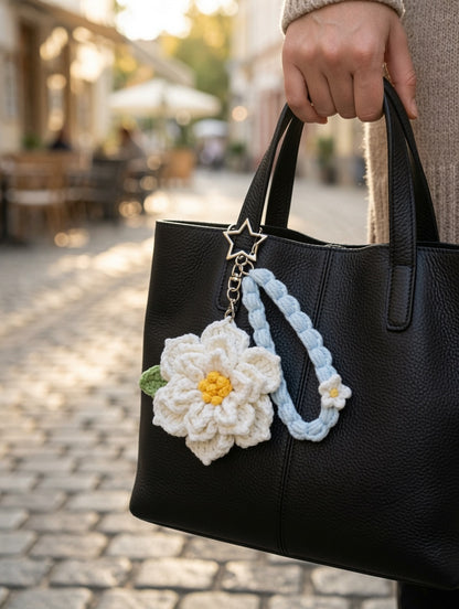 Crochet Flower Bag Charm — White Daisy Wristlet Keychain, Handmade Boho Purse Accessory