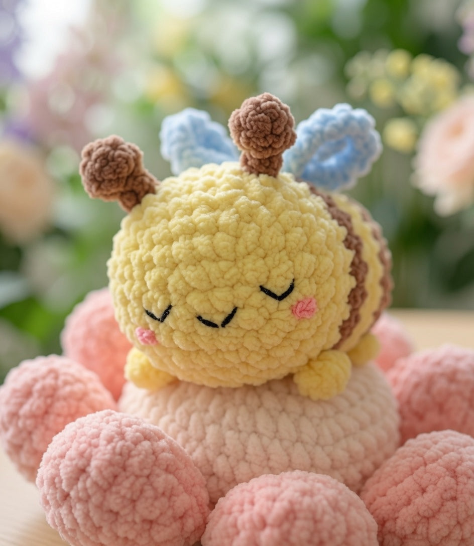 Sleepy Bumblebee on Flower Cushion Crochet Plushie | Velvet Amigurumi Stuffed Toy