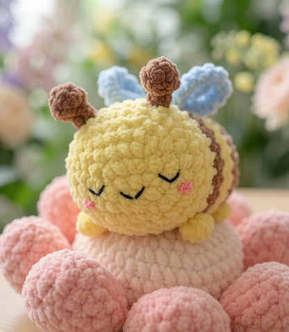 Sleepy Bumblebee on Flower Cushion Crochet Plushie | Velvet Amigurumi Stuffed Toy