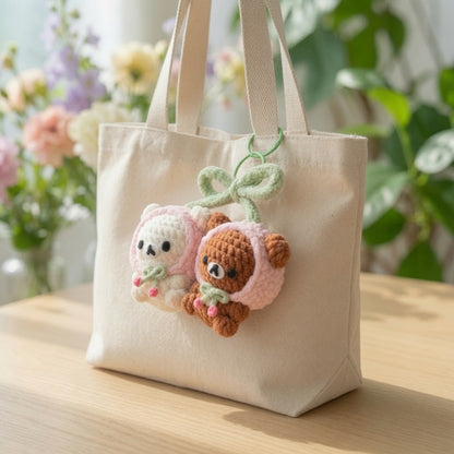 Kawaii Cherry Twin Bears Crochet Bag Charm | Plush Amigurumi Matching Keychain