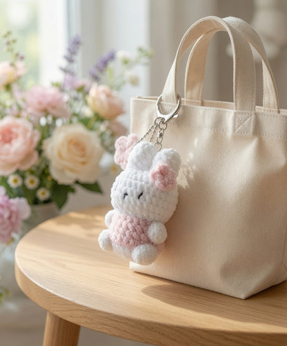Fluffy Crochet Bunny Bag Charm | Kawaii Plush Rabbit Keychain with Flower
