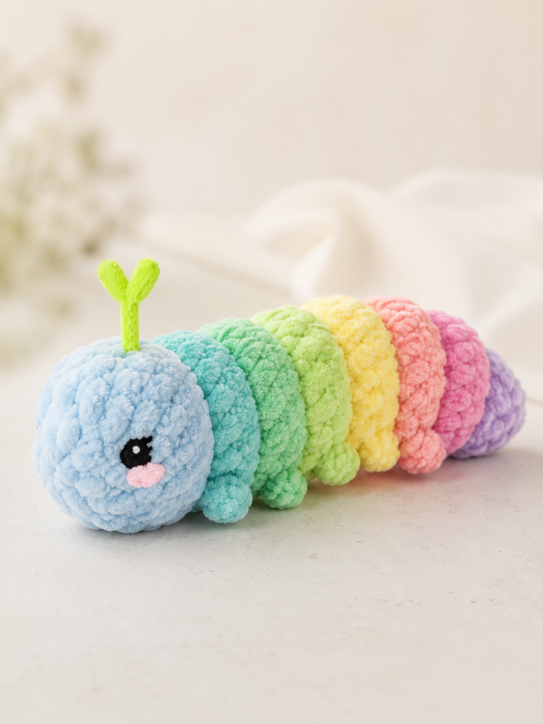 Handmade Crochet Rainbow Caterpillar Plushie | Soft Velvet Amigurumi Stuffed Animal Toy