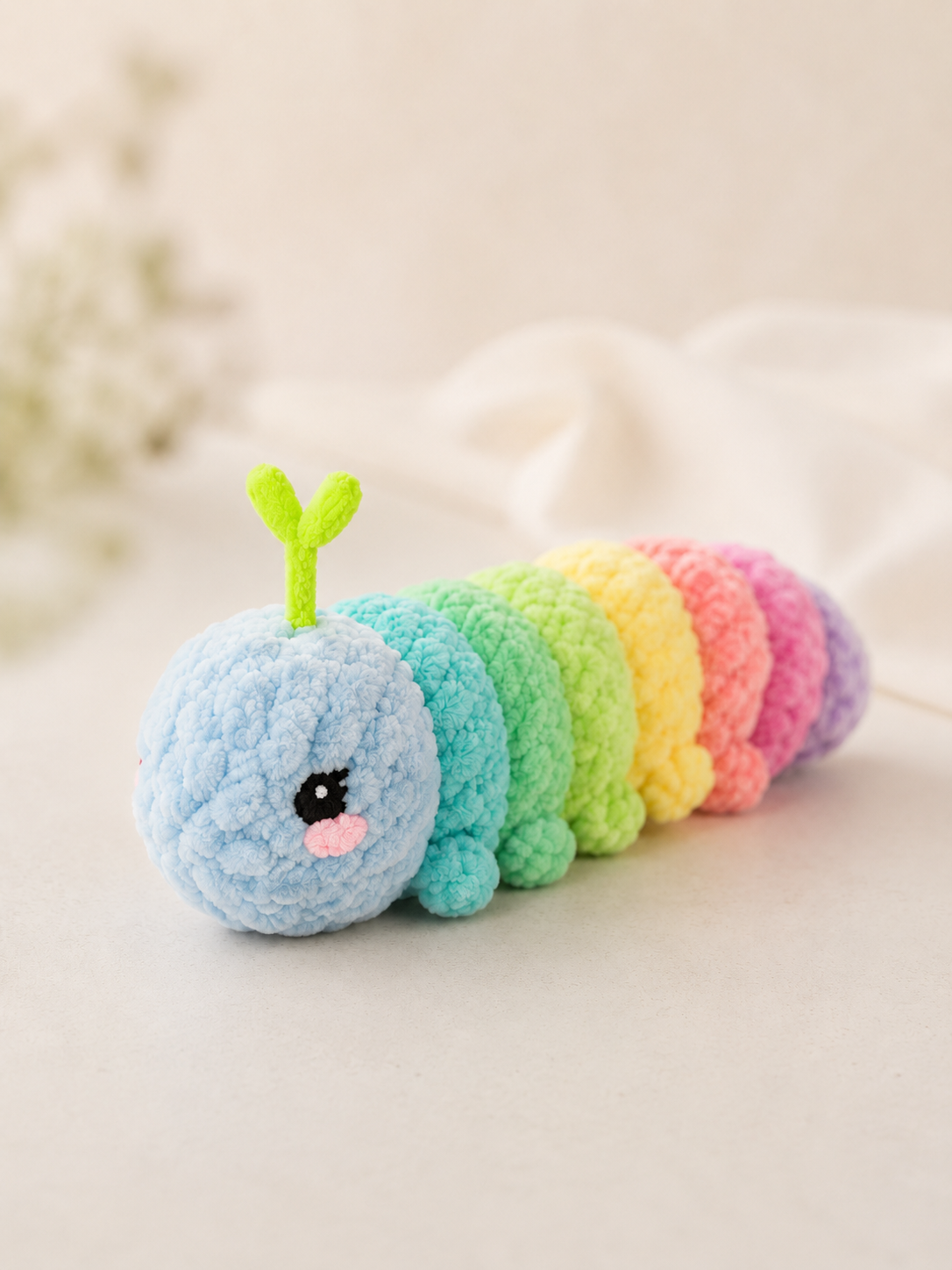 Handmade Crochet Rainbow Caterpillar Plushie | Soft Velvet Amigurumi Stuffed Animal Toy