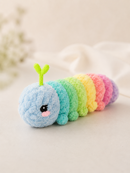 Handmade Crochet Rainbow Caterpillar Plushie | Soft Velvet Amigurumi Stuffed Animal Toy