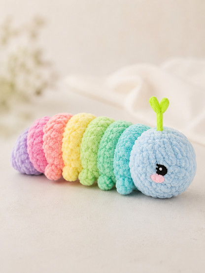 Handmade Crochet Rainbow Caterpillar Plushie | Soft Velvet Amigurumi Stuffed Animal Toy