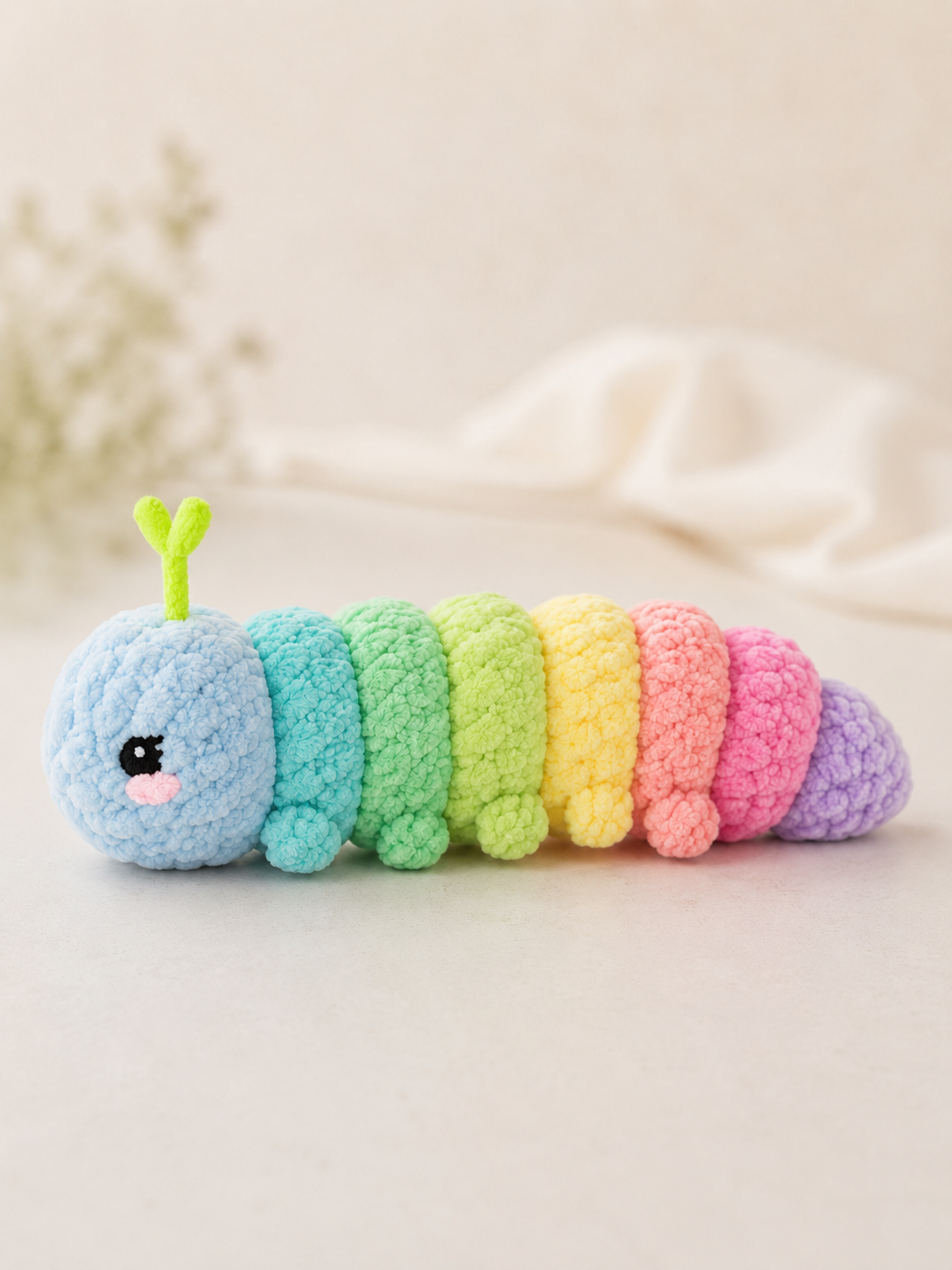 Handmade Crochet Rainbow Caterpillar Plushie | Soft Velvet Amigurumi Stuffed Animal Toy