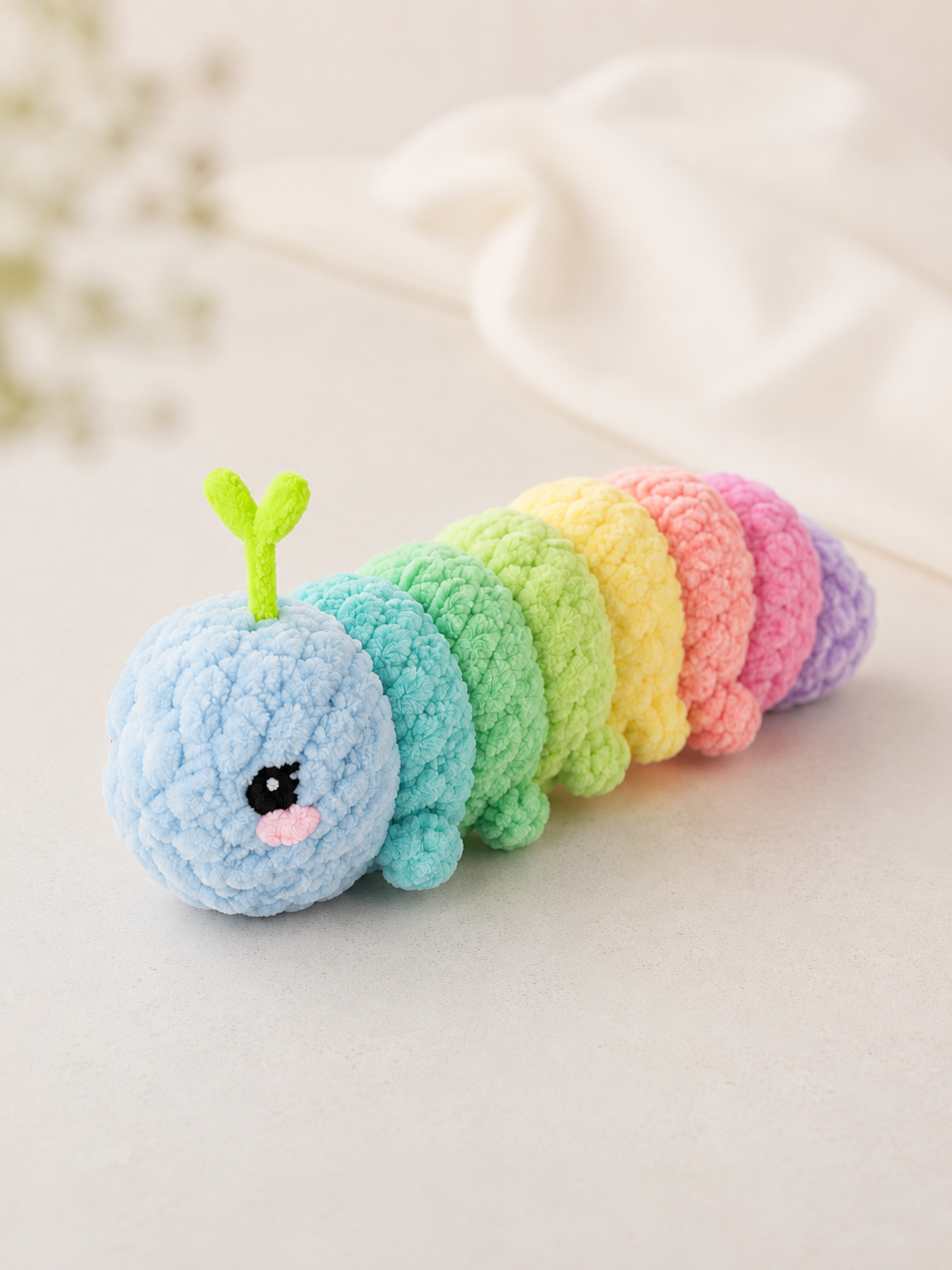 Handmade Crochet Rainbow Caterpillar Plushie | Soft Velvet Amigurumi Stuffed Animal Toy