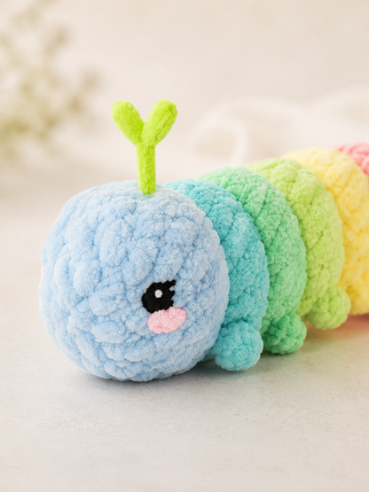 Handmade Crochet Rainbow Caterpillar Plushie | Soft Velvet Amigurumi Stuffed Animal Toy