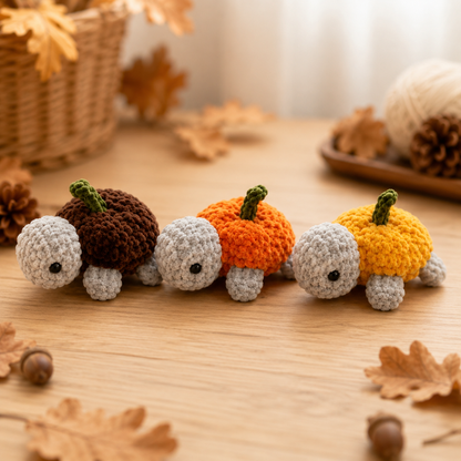 Handmade Crochet Pumpkin Turtle Plushie Set | Soft Velvet Amigurumi Autumn Stuffed Toy