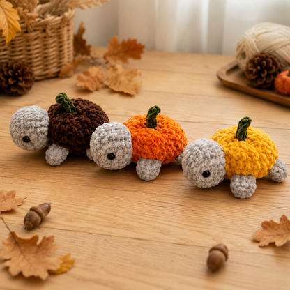 Handmade Crochet Pumpkin Turtle Plushie Set | Soft Velvet Amigurumi Autumn Stuffed Toy