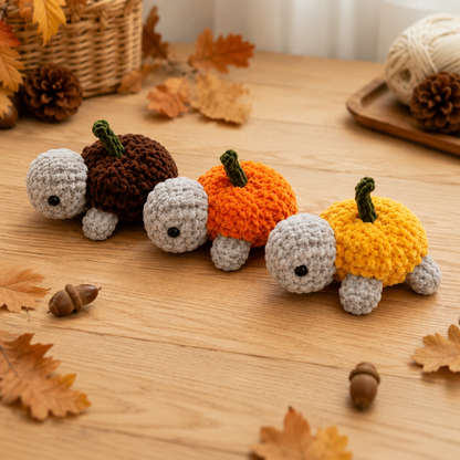 Handmade Crochet Pumpkin Turtle Plushie Set | Soft Velvet Amigurumi Autumn Stuffed Toy