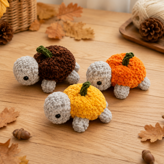 Handmade Crochet Pumpkin Turtle Plushie Set | Soft Velvet Amigurumi Autumn Stuffed Toy