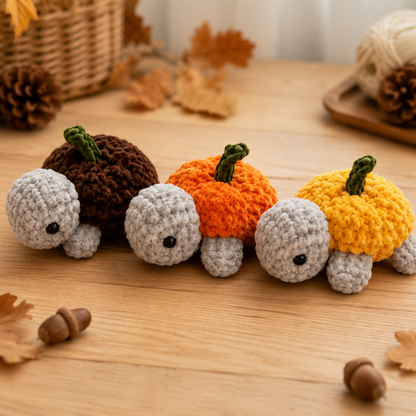Handmade Crochet Pumpkin Turtle Plushie Set | Soft Velvet Amigurumi Autumn Stuffed Toy