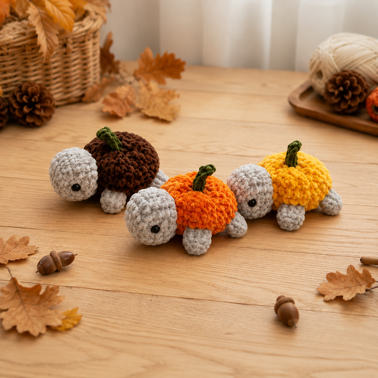 Handmade Crochet Pumpkin Turtle Plushie Set | Soft Velvet Amigurumi Autumn Stuffed Toy