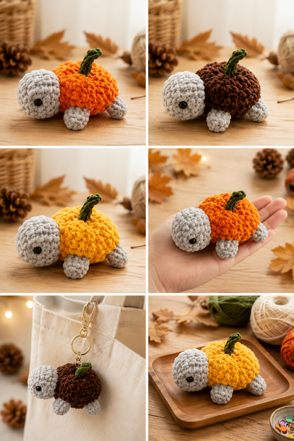 Handmade Crochet Pumpkin Turtle Plushie Set | Soft Velvet Amigurumi Autumn Stuffed Toy
