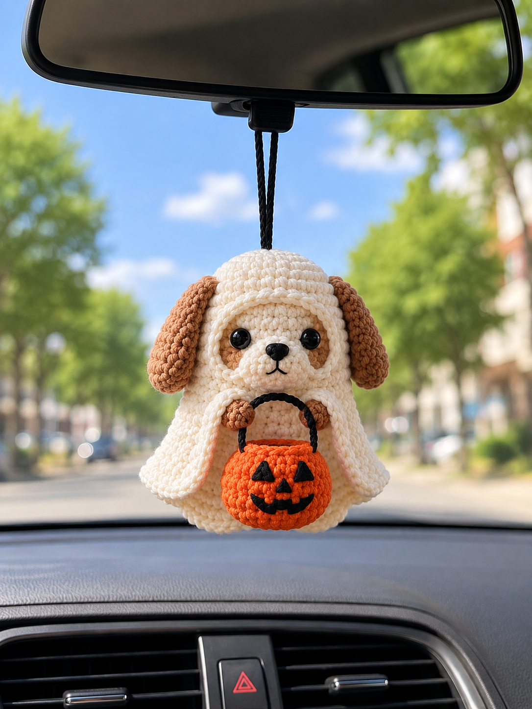Handmade Crochet Halloween Ghost Dog Car Hanging Accessory | Cute Puppy Trick-or-Treat Mirror Charm