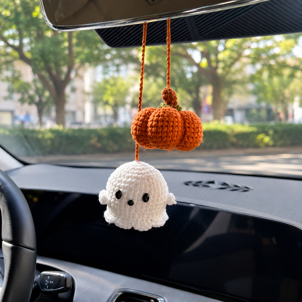 Handmade Crochet Halloween Ghost & Pumpkin Car Hanging Ornament | Spooky-Cute Mirror Charm