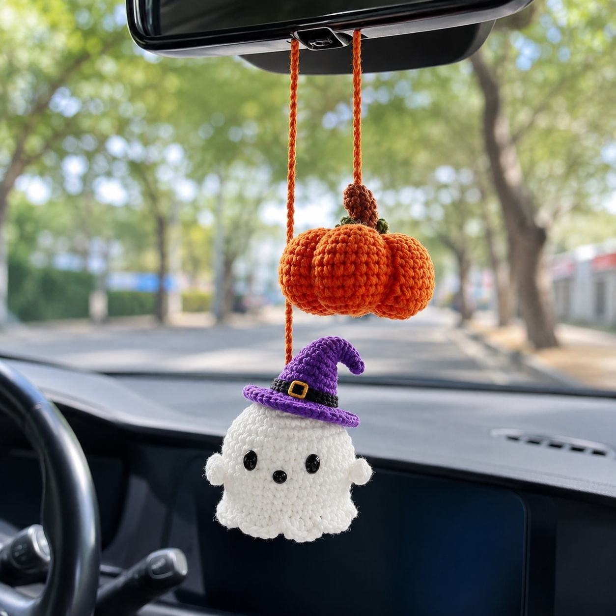 Handmade Crochet Halloween Ghost & Pumpkin Car Hanging Ornament | Spooky-Cute Mirror Charm