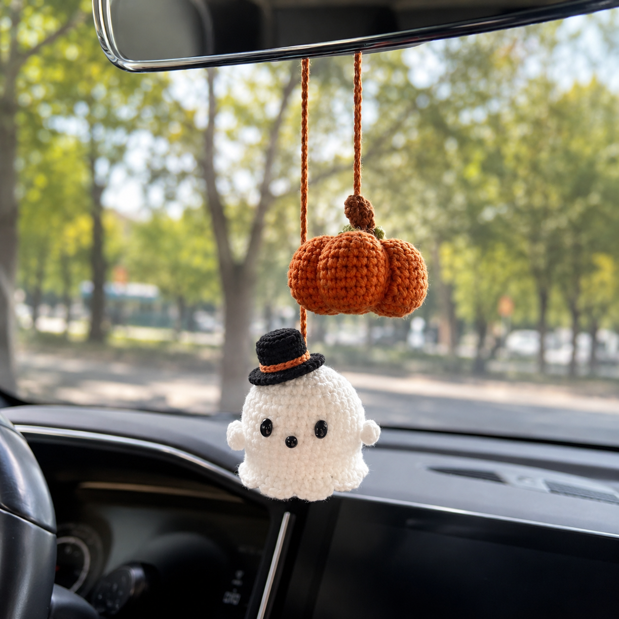 Handmade Crochet Halloween Ghost & Pumpkin Car Hanging Ornament | Spooky-Cute Mirror Charm