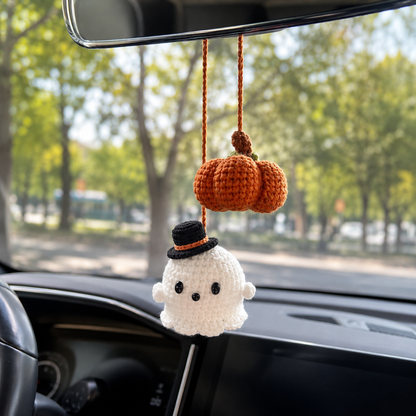 Handmade Crochet Halloween Ghost & Pumpkin Car Hanging Ornament | Spooky-Cute Mirror Charm