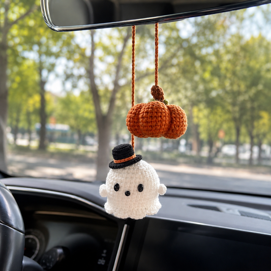 Handmade Crochet Halloween Ghost & Pumpkin Car Hanging Ornament | Spooky-Cute Mirror Charm