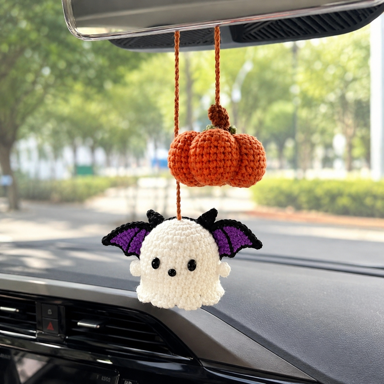 Handmade Crochet Halloween Ghost & Pumpkin Car Hanging Ornament | Spooky-Cute Mirror Charm