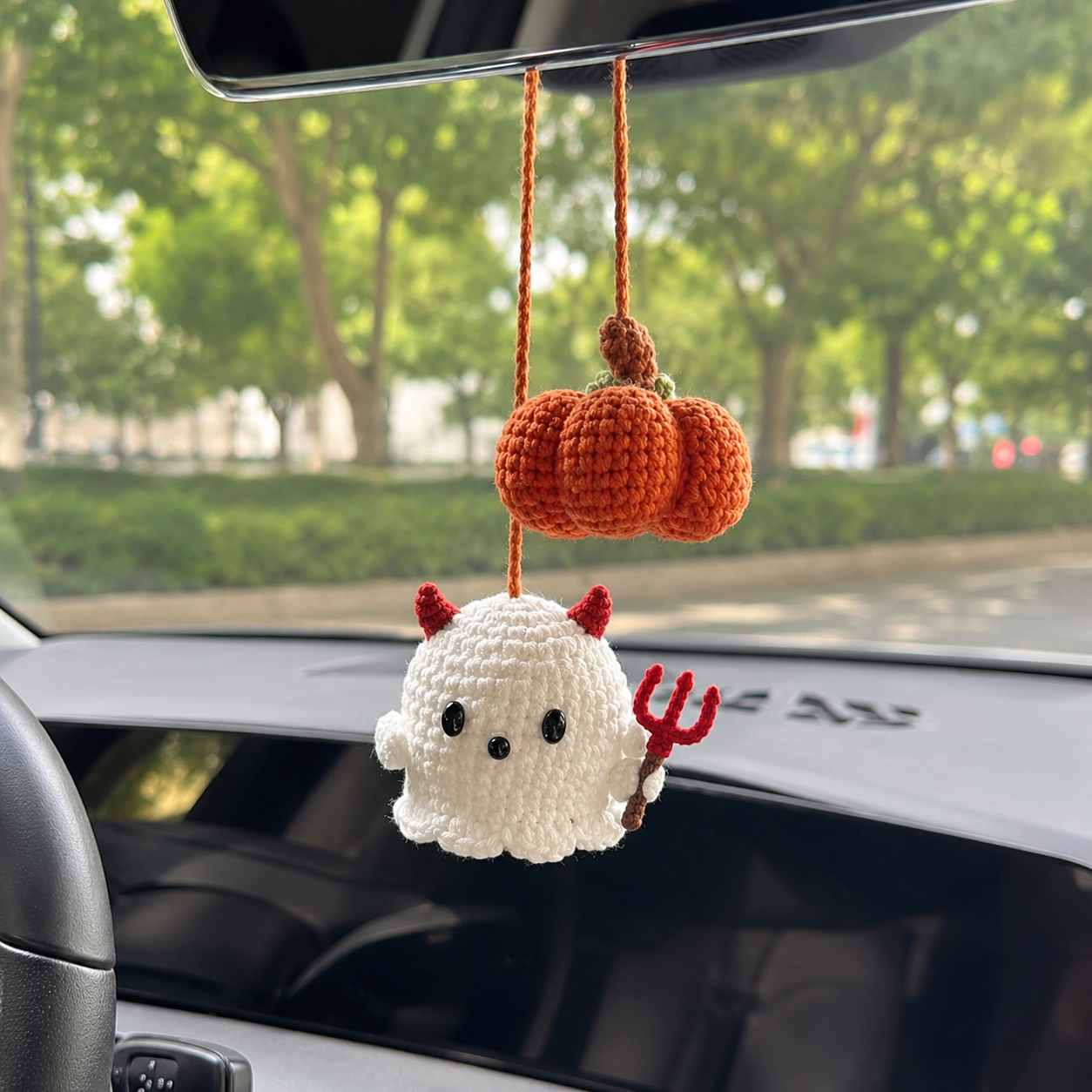 Handmade Crochet Halloween Ghost & Pumpkin Car Hanging Ornament | Spooky-Cute Mirror Charm